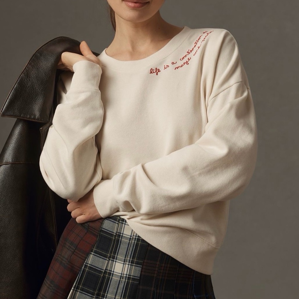 Anthropologie Cute Cream Sweatshirt with Red Embroidery - Picture 7 of 9